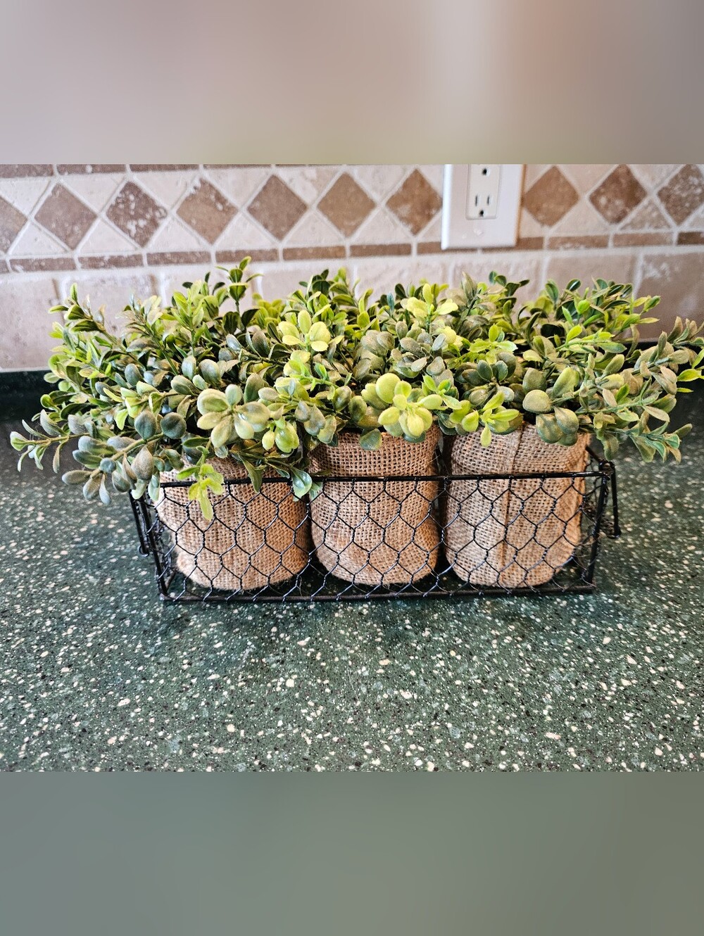 Artificial Boxwood Planter Trio in Green - Burlap Wrapped